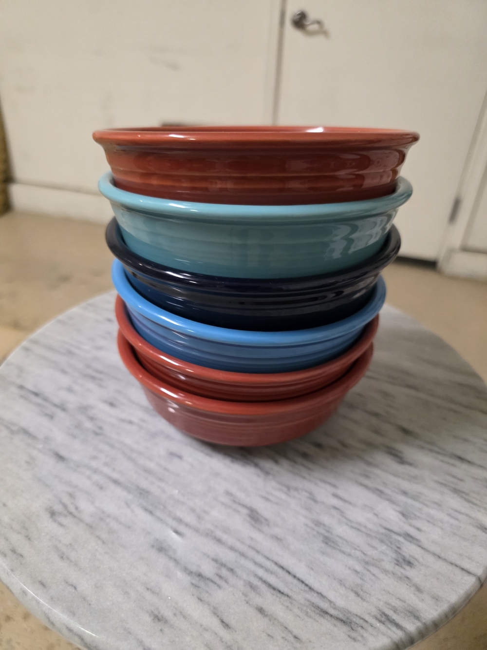 Fiestaware Stacked Soup Bowls in Red, Turquoise, Navy and Light Blue